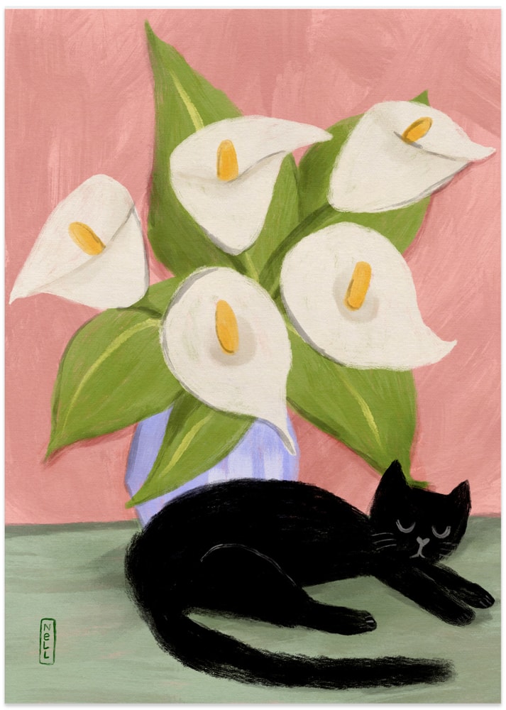 Lilies In a Vase and a Black Cat - Still Life Illustration - Art Print by Dirkie Nell