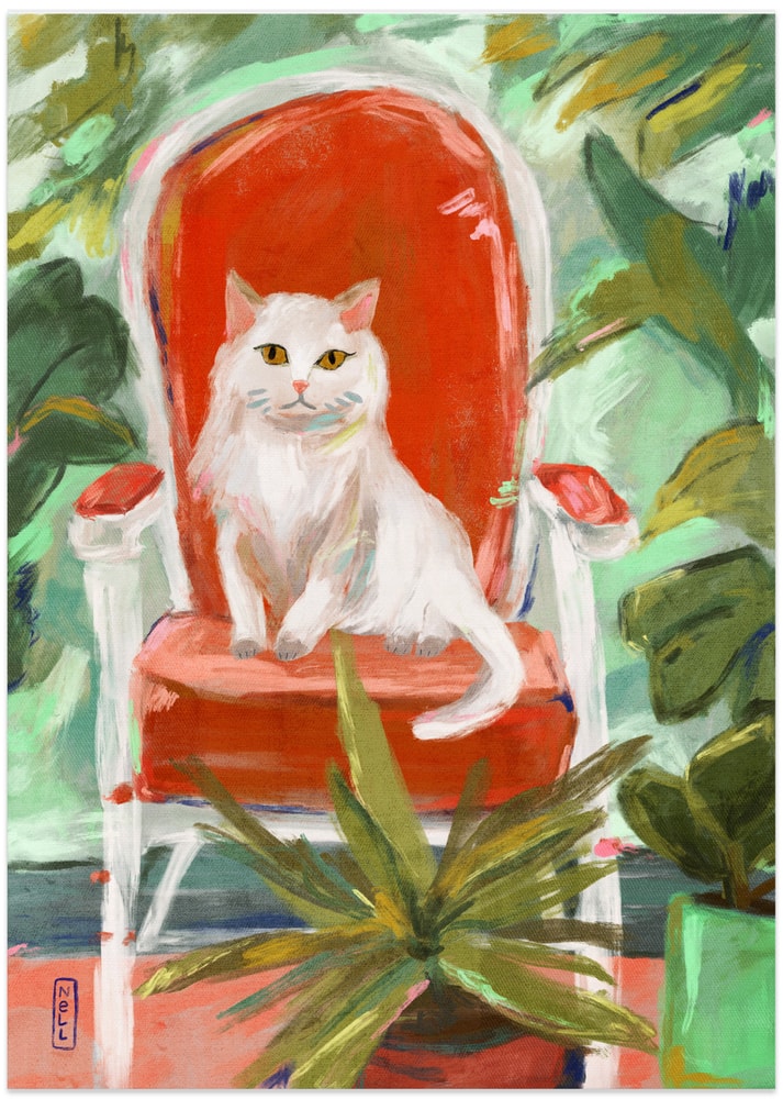 White Cat Orange Chair - Art Print by Dirkie Nell