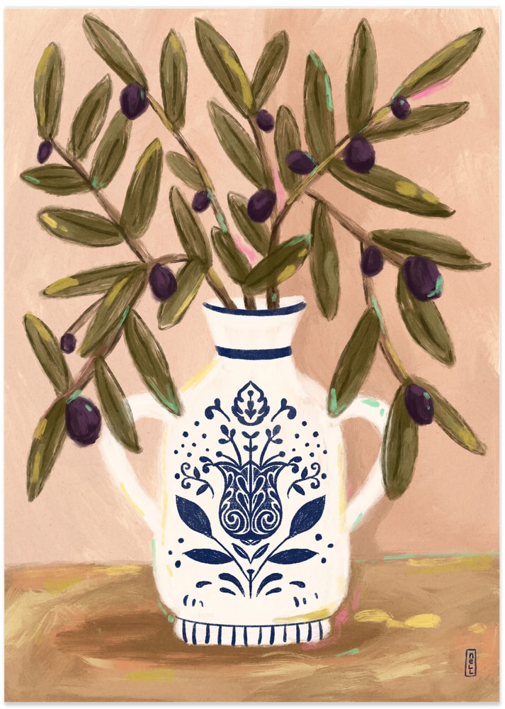 Olive Branches In a Pot Painting - Art Print by Dirkie Nell