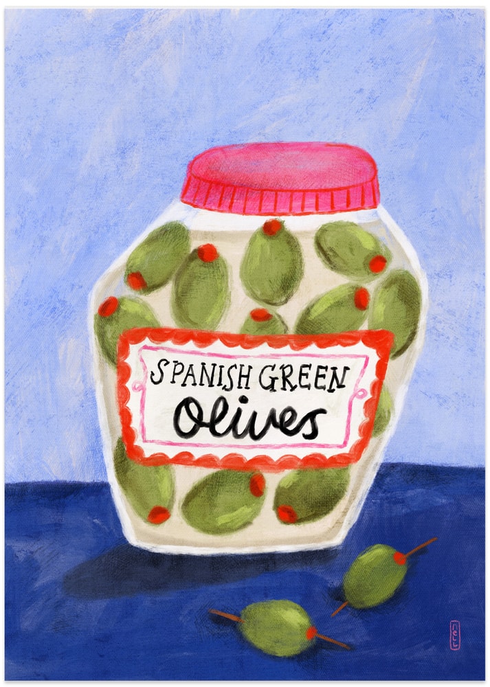 Spanish Green Olives Jar - Art Print by Dirkie Nell