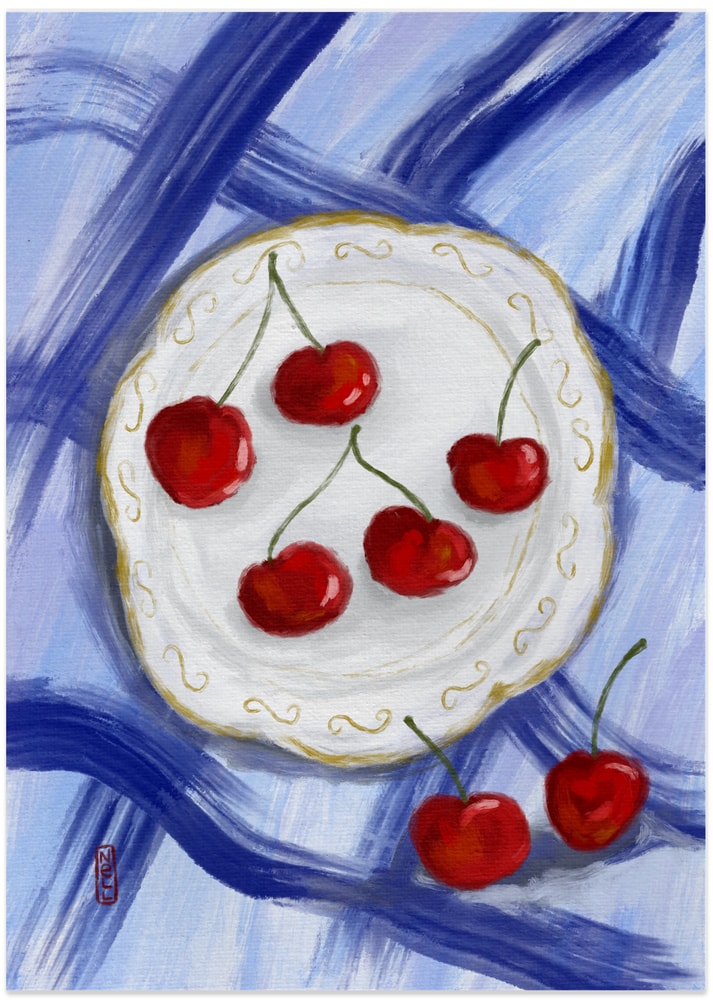 Red Cherries Blue Table - Art Print by Dirkie Nell