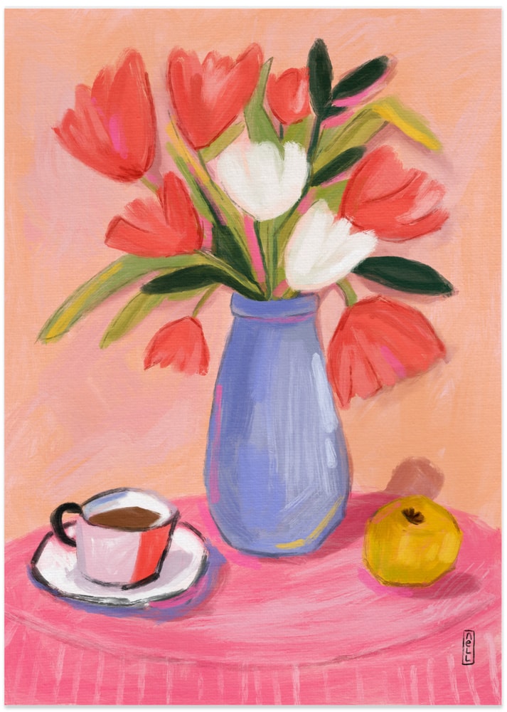 Fresh Tulips and Coffee - Art Print by Dirkie Nell