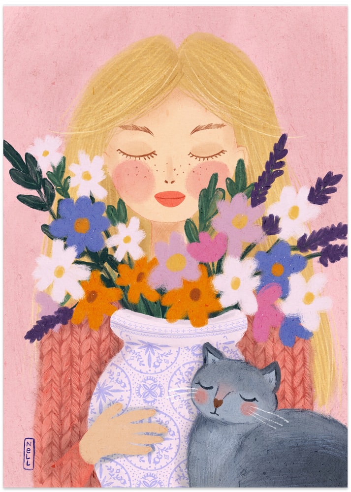 Dreamy Girl Cat Flowers - Art Print by Dirkie Nell