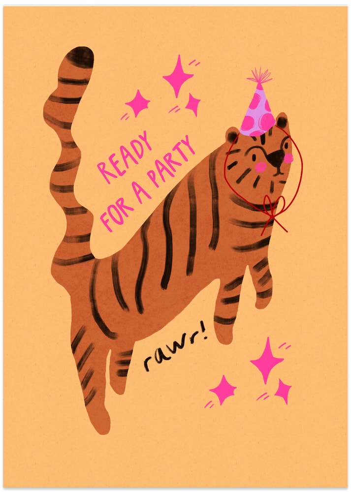 Ready Party Tiger - Art Print by Dirkie Nell