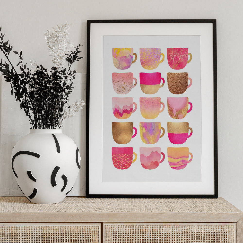 Pretty Pink Coffee Cups - Art Print by Elisabeth Fredriksson