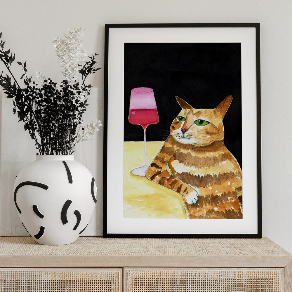 Cat Friday Night Drinks Wine Funny Cat Humour - Art Print by Sharyn Bursic