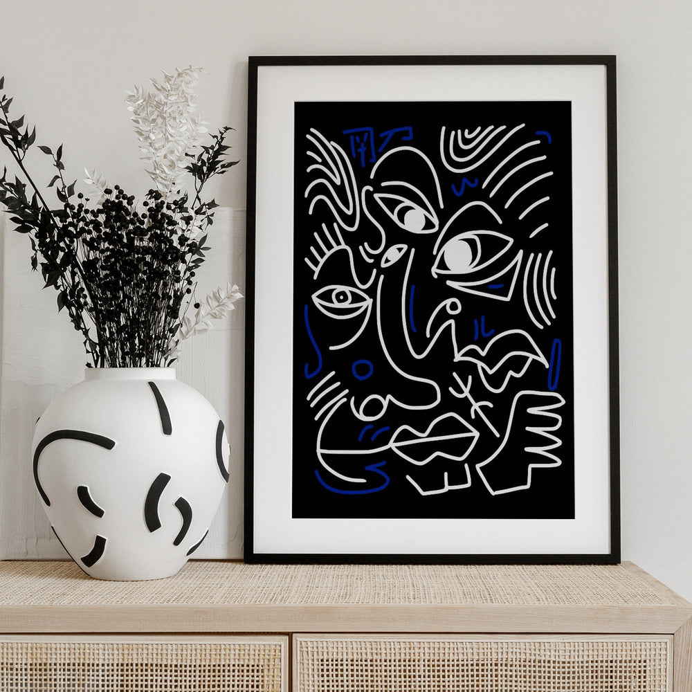 White And Blue Lines On A Black Background - Art Print by Little Dean