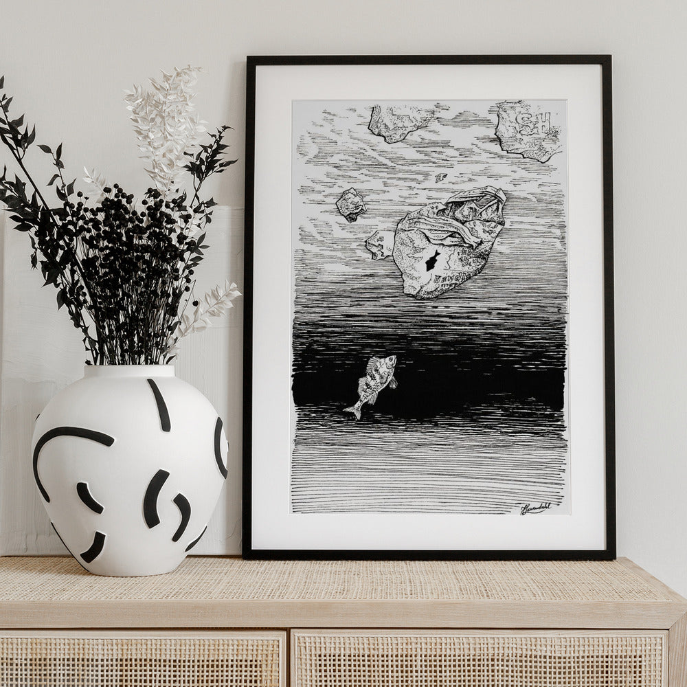 Midless. A Fish in the Plastic Sea Ink Drawing. - Art Print by Johan Liewendahl