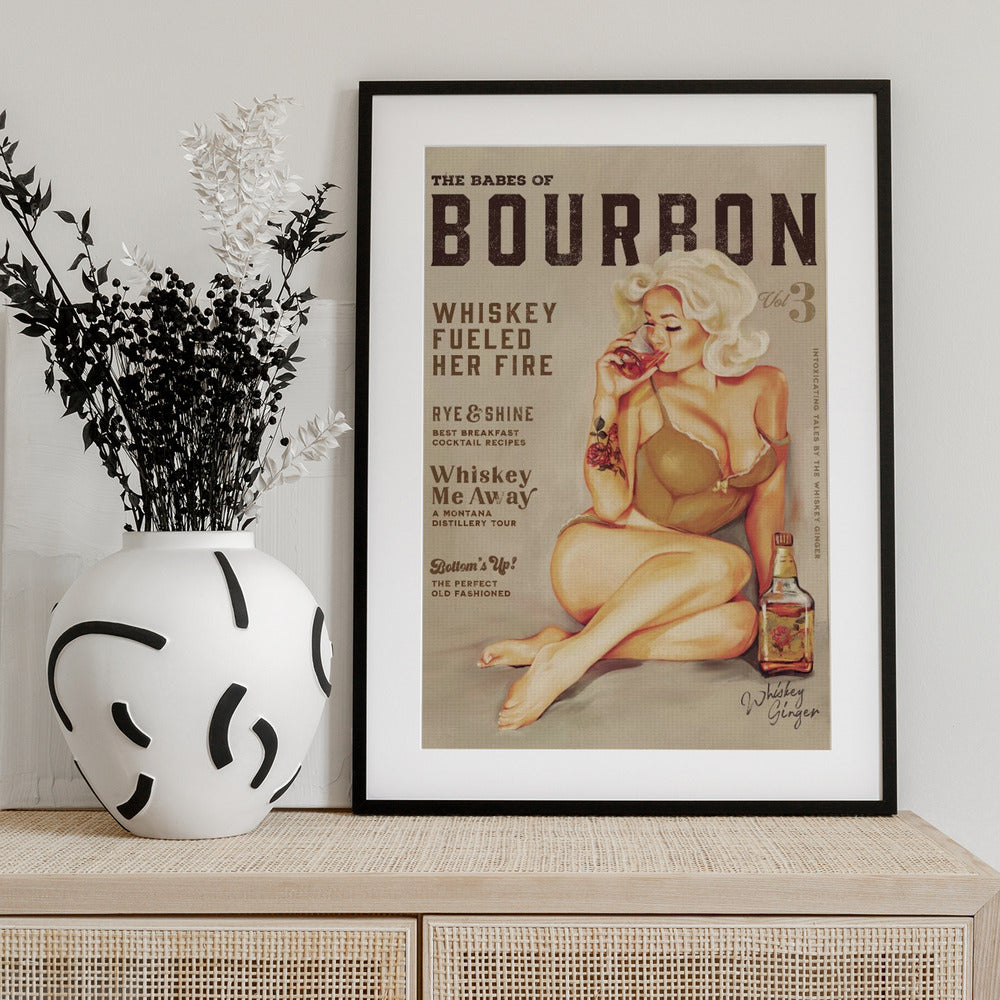 Bourbon Wall Art. Sexy Vintage Pin Up Girl Drinking Whiskey - Art Print by The Whiskey Ginger