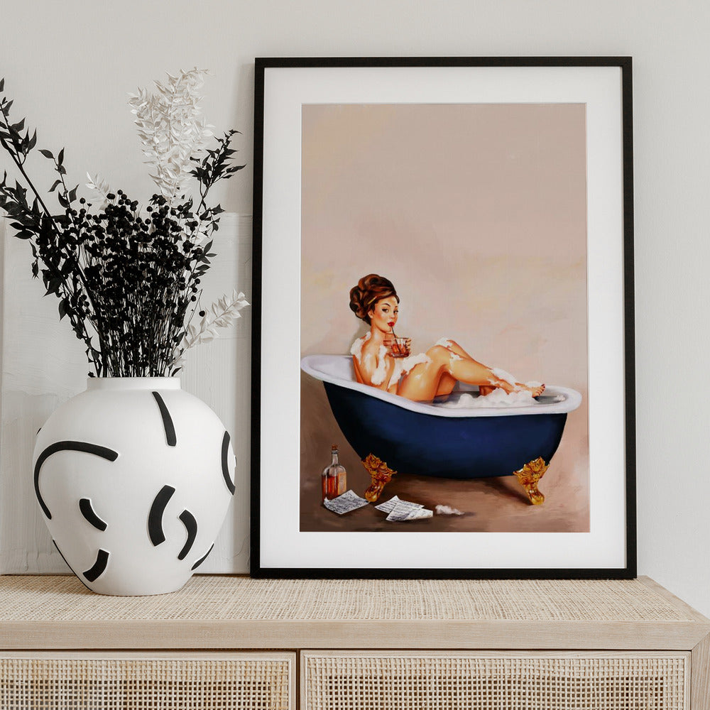Bathtub Drinks: Pinup Girl Drinking In Bathroom - Art Print by The Whiskey Ginger