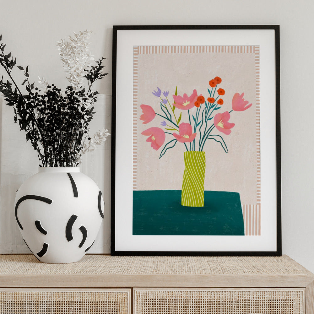 Colorful Blossoms in Stripes - Art Print by Bea Müller