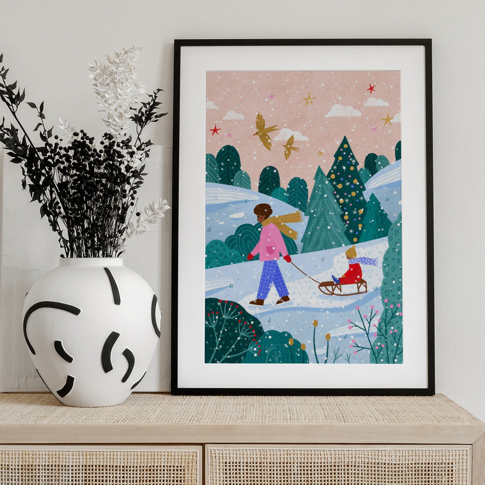 Snowy Sledge Walk - Art Print by Bea Müller