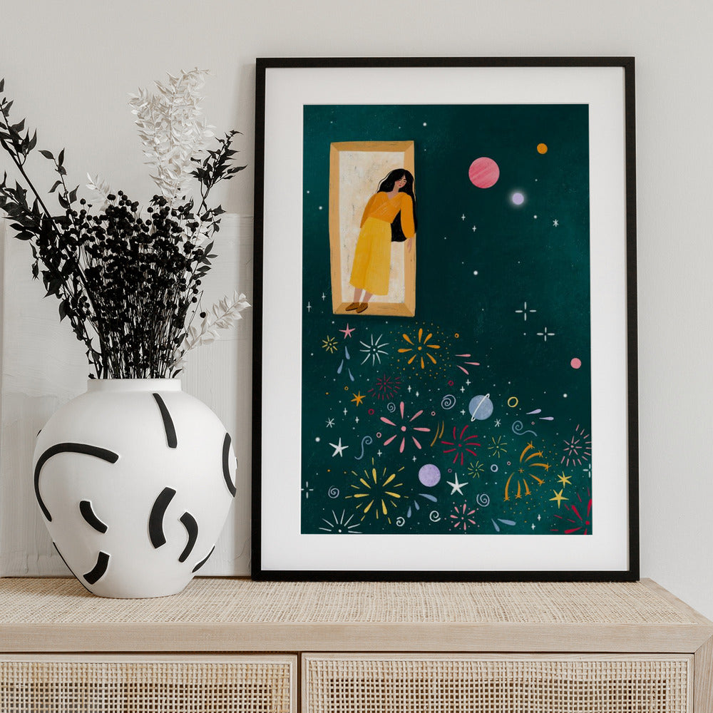 Yellow Dress Leans From A Window - Art Print by Bea Müller