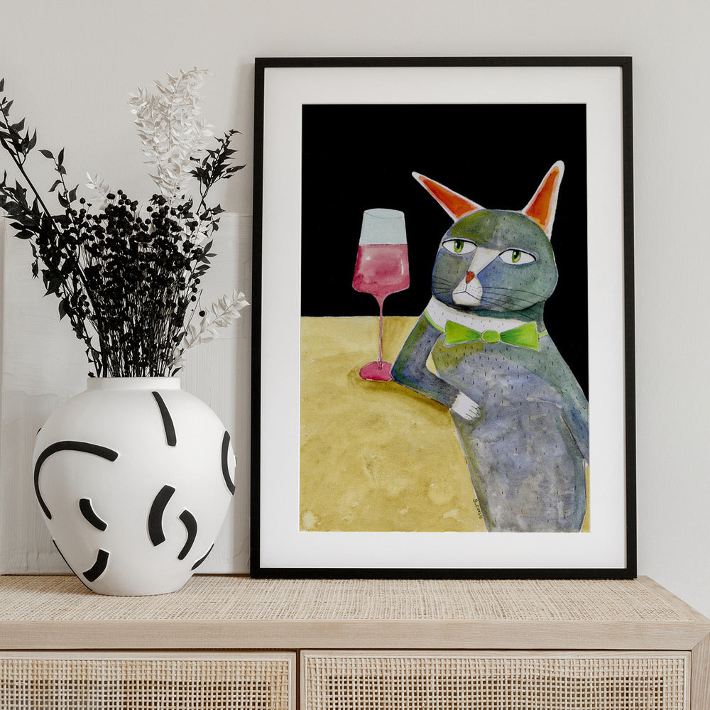 Bar Cat with Bow Tie - Art Print by Sharyn Bursic