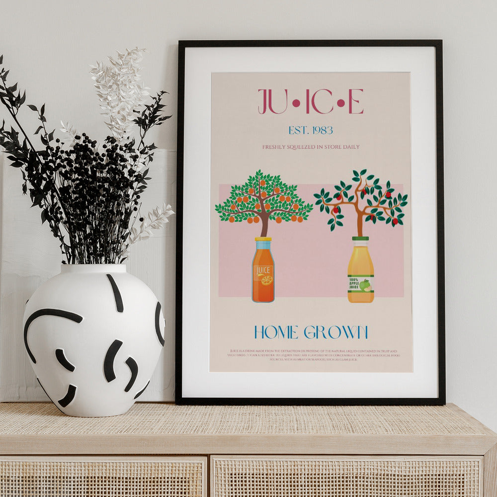 Orange and Apple Trees with Juice Bottles - Art Print by Nazma Khokhar