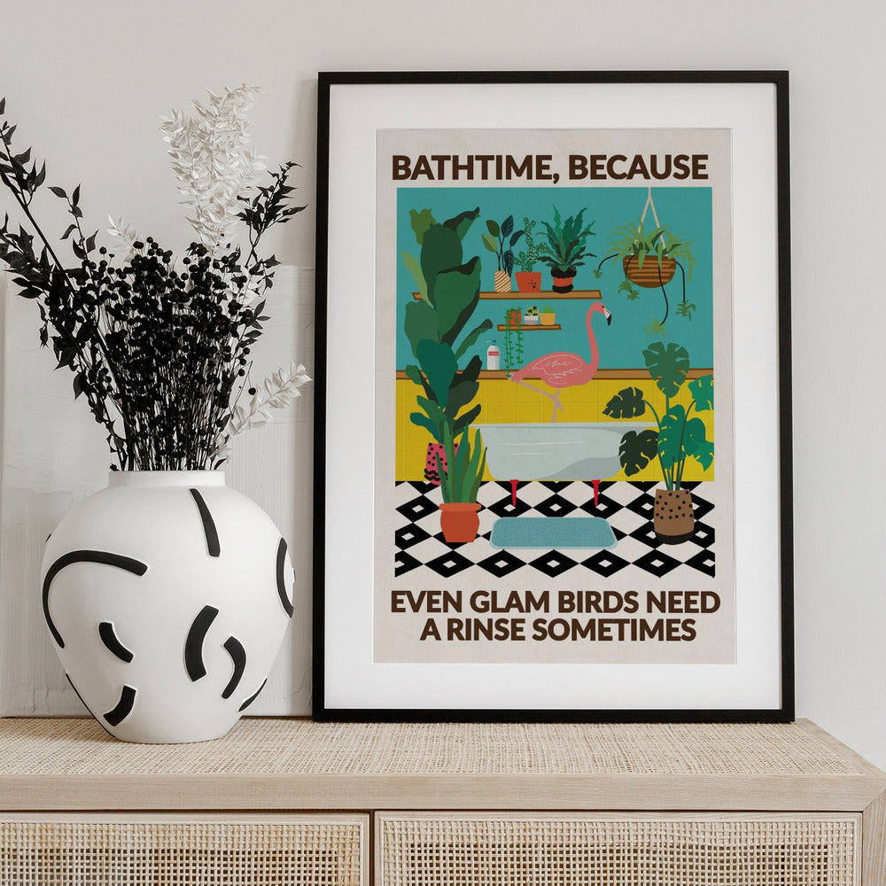 Cheeky Flamingo Bathtime - Art Print by WallChart Art Studio