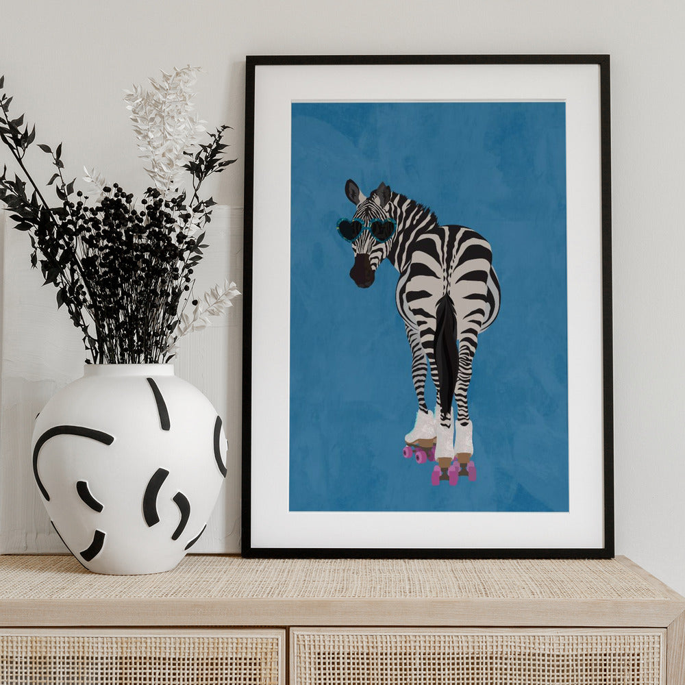 Rollerskating Zebra blue - Art Print by Sarah Manovski