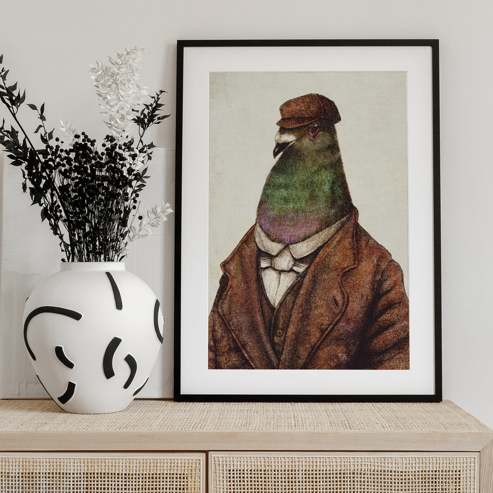 Pigeon Dressed In Vintage Attire - Art Print by Mike Koubou
