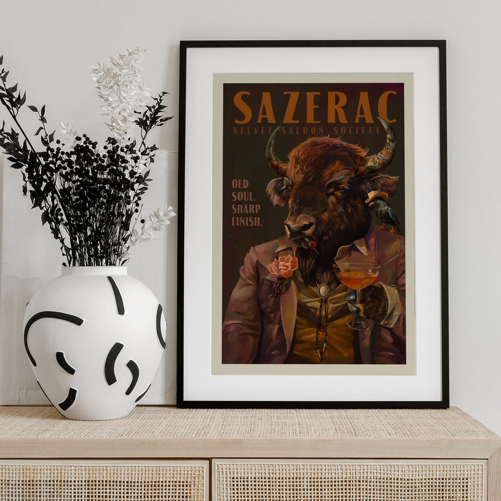 Buffalo Drinking Sazerac Cocktail. Alcohol & Liquor Bar Art - Art Print by The Whiskey Ginger