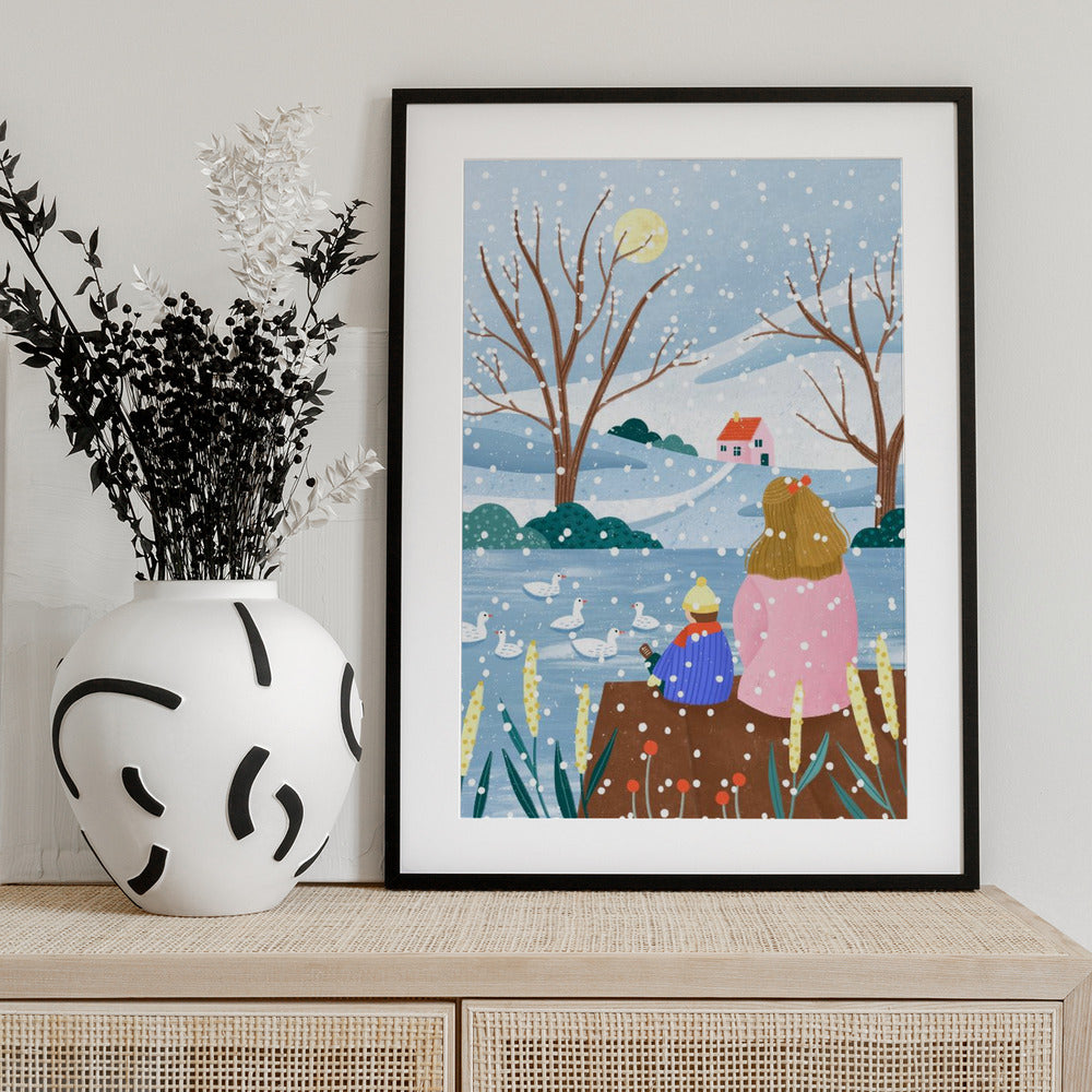 Mother and Child At Winter Lake - Art Print by Bea Müller