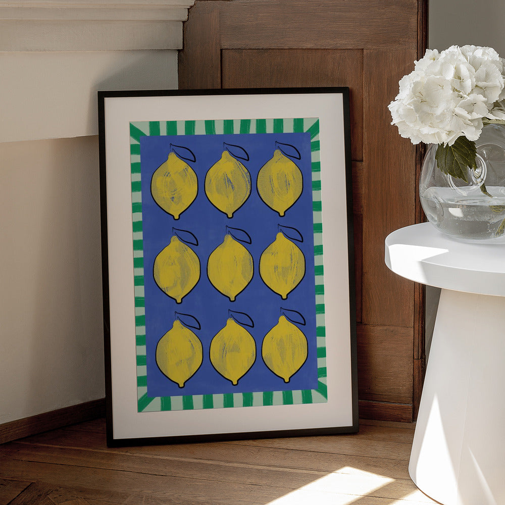Vibrant Yellow Lemons on a Deep Blue - Art Print by Elena Ristova