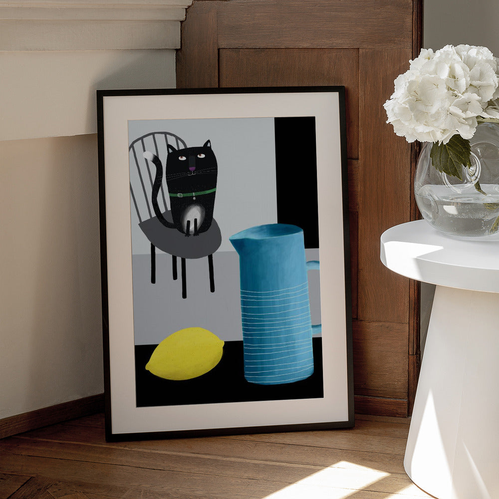 Cute Black Cat sitting on a Chair with Blue Vase and Lemon - Art Print by Carla Daly