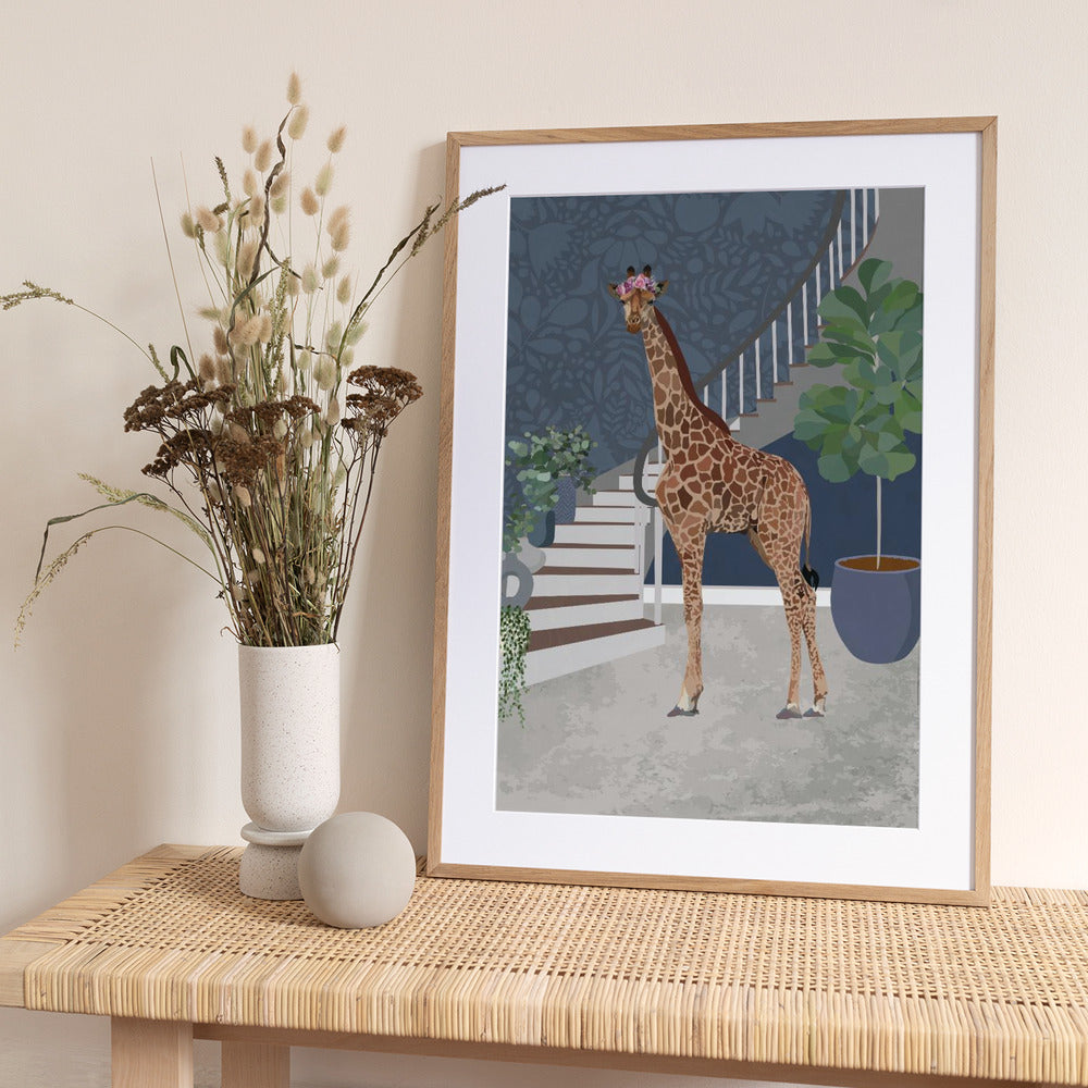 Giraffe by the stairs - Art Print by Sarah Manovski