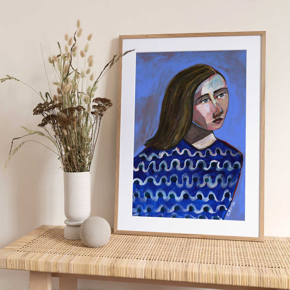 Woman in Blue Sweater Naive Portrait Figurative - Art Print by Sharyn Bursic