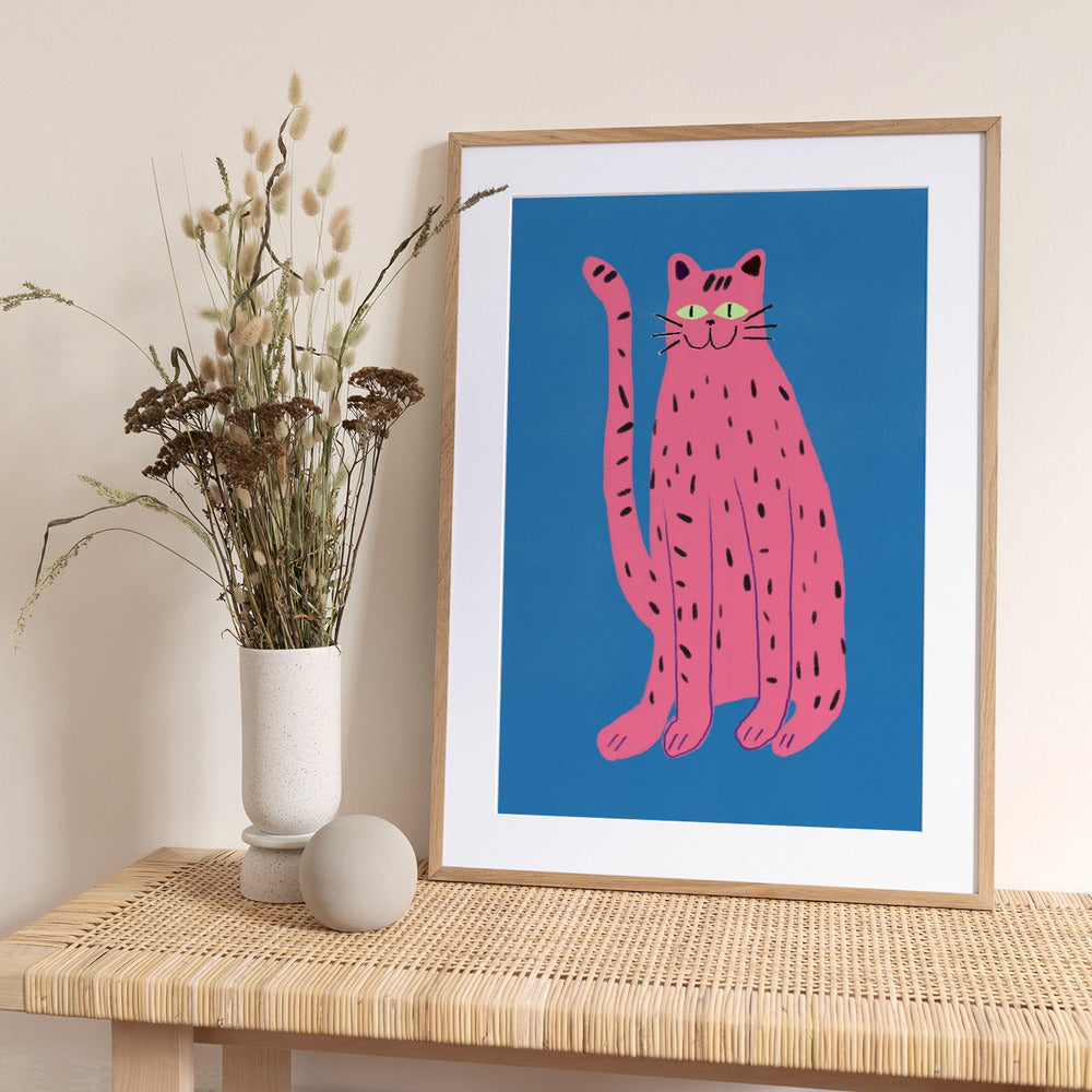 portrays a playful Pink cat - Art Print by Little Dean