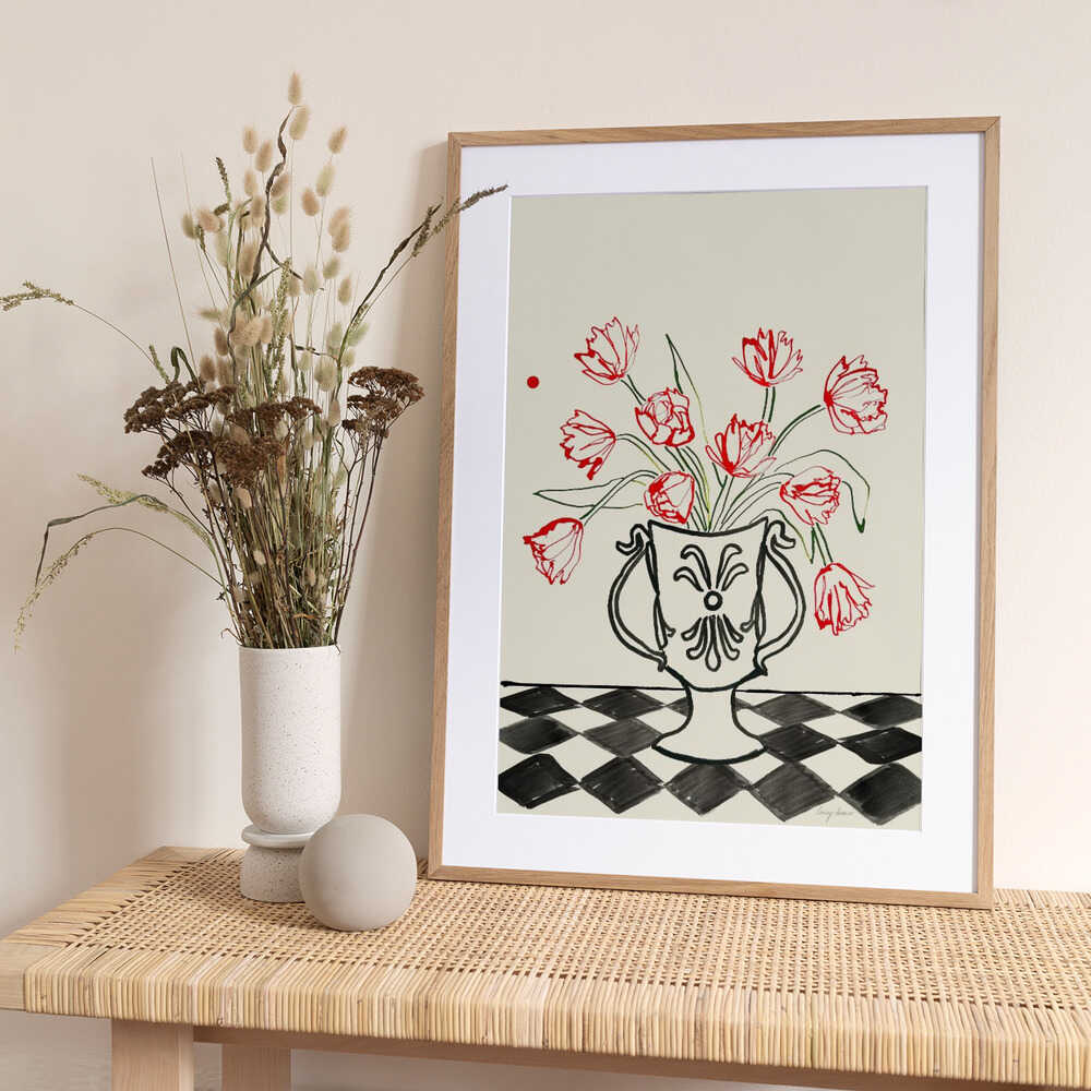Red Tulips In a Vase with Checkered Diamonds - Art Print by Lucy Deaner