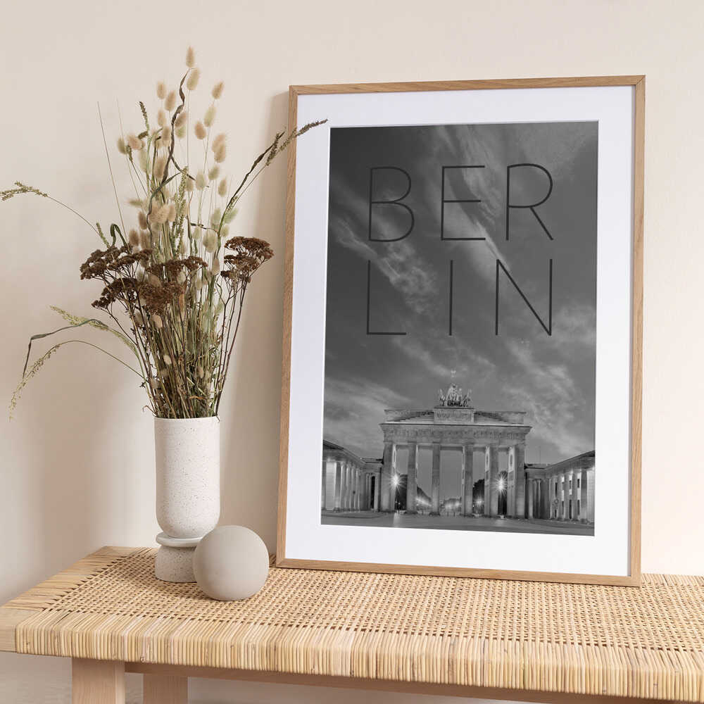 BERLIN Brandenburg Gate | Text & Skyline - Art Print by Melanie Viola Travel Poster