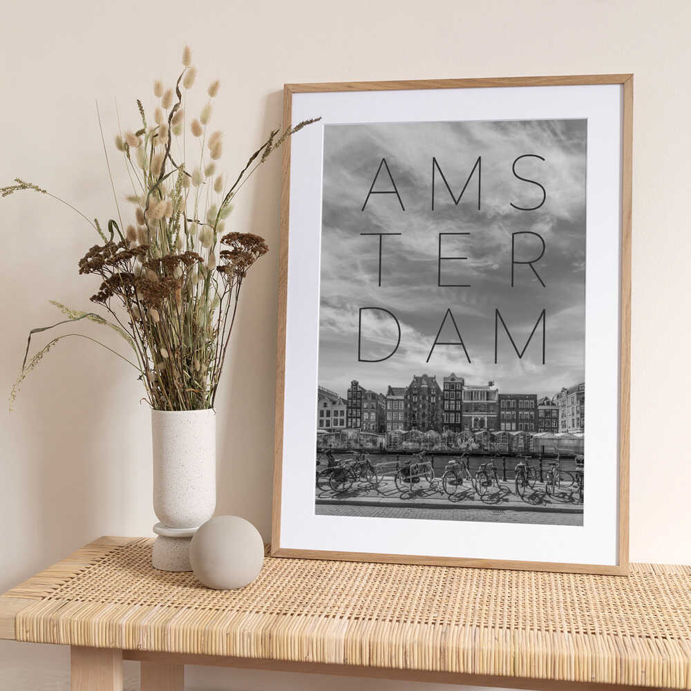 AMSTERDAM Singel Canal with Flower Market | Text & Skyline - Art Print by Melanie Viola Travel Poster