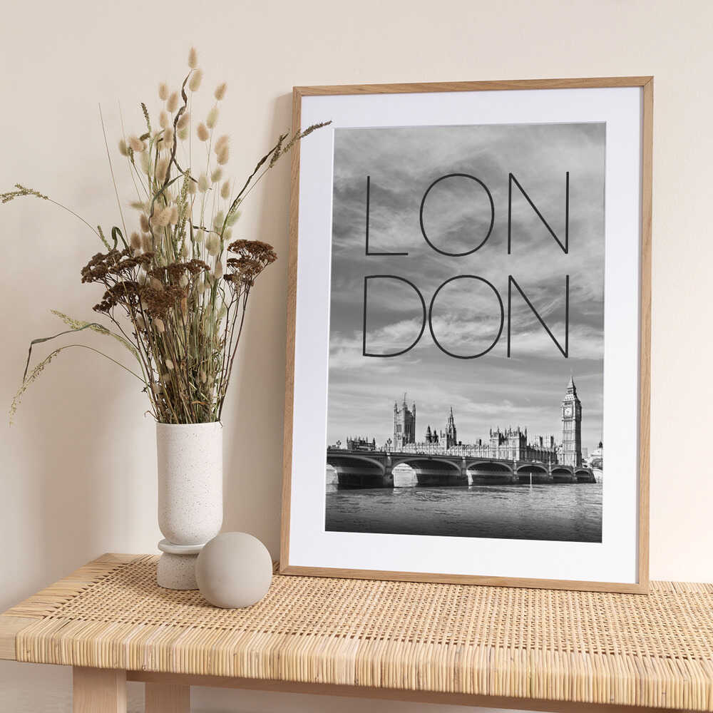 LONDON Westminster Bridge | Text & Skyline - Art Print by Melanie Viola Travel Poster