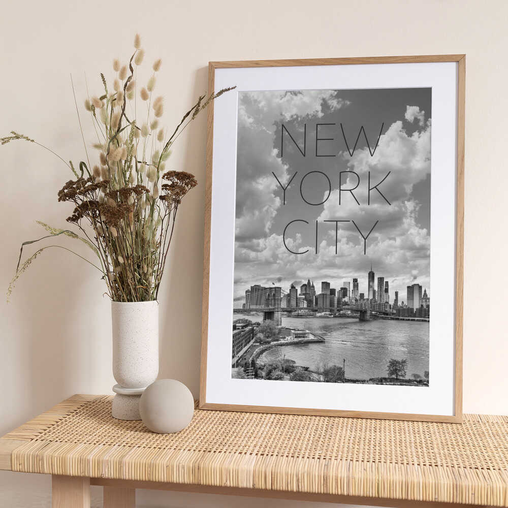 NYC Lower Manhattan & Brooklyn Bridge | Text & Skyline - Art Print by Melanie Viola Travel Poster
