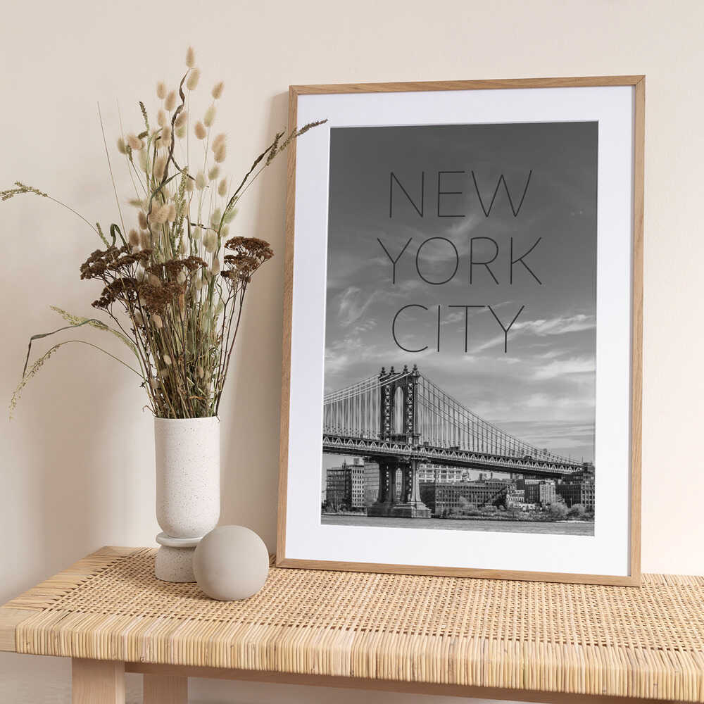 NYC Manhattan Bridge | Text & Skyline - Art Print by Melanie Viola Travel Poster