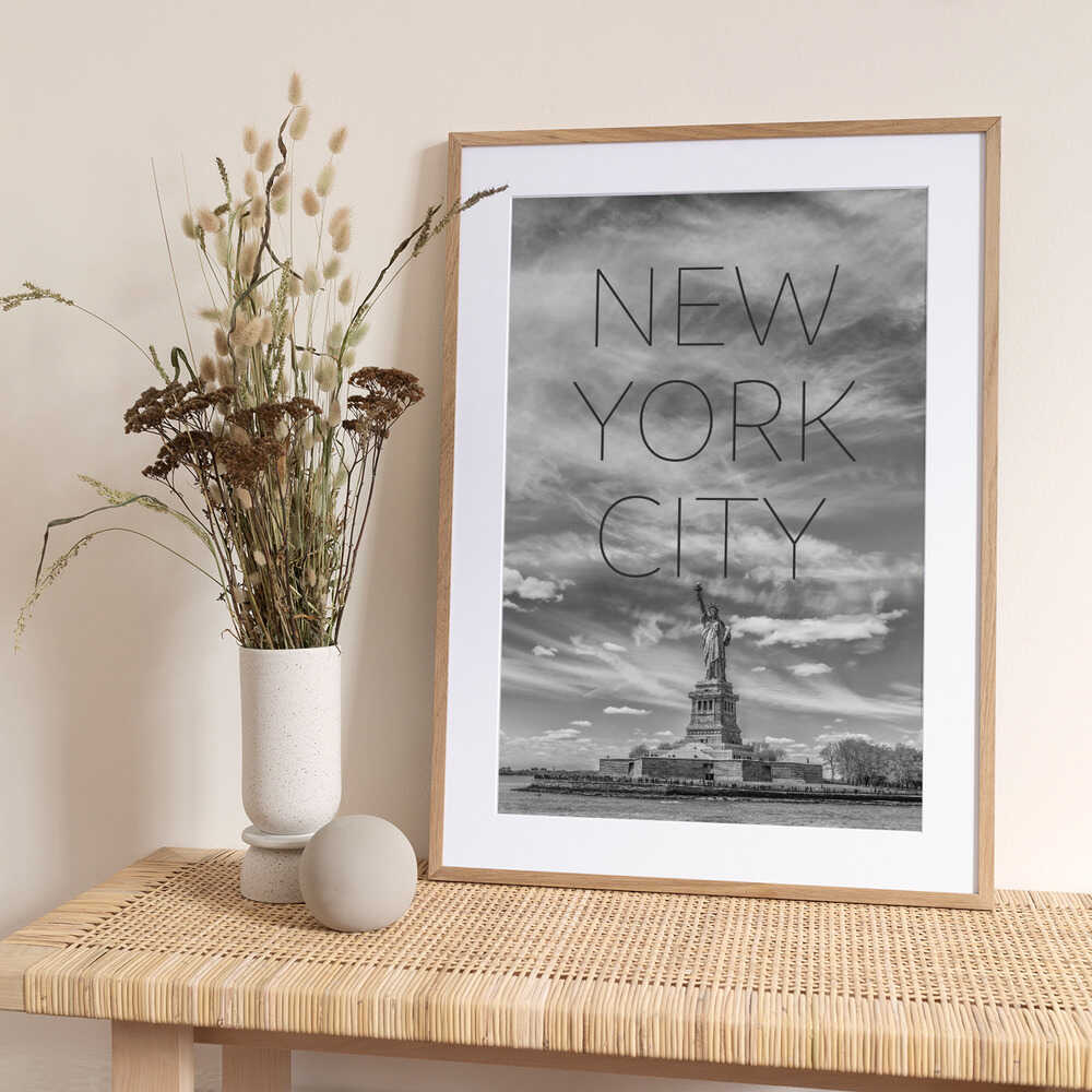 NYC Statue of Liberty | Text & Skyline - Art Print by Melanie Viola Travel Poster
