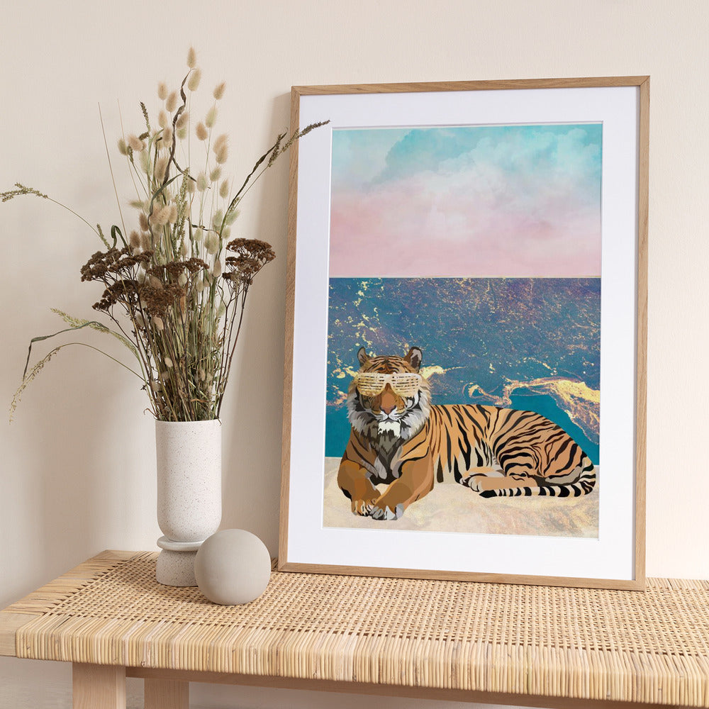 Tiger lying on the beach - Art Print by Sarah Manovski