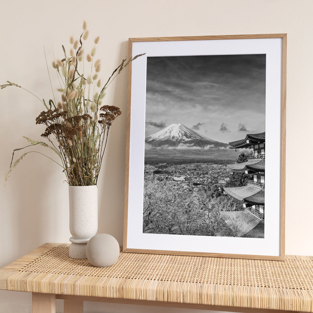 Unique view of Mount Fuji with Chureito Pagoda during cherry blossom season - monochrome - Art Print by Melanie Viola