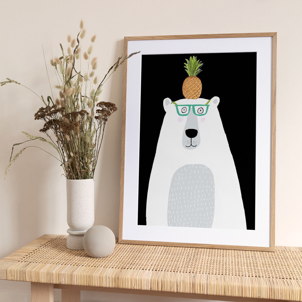 Funny White Polar Bear Wearing Glasses with Pineapple - Art Print by Carla Daly
