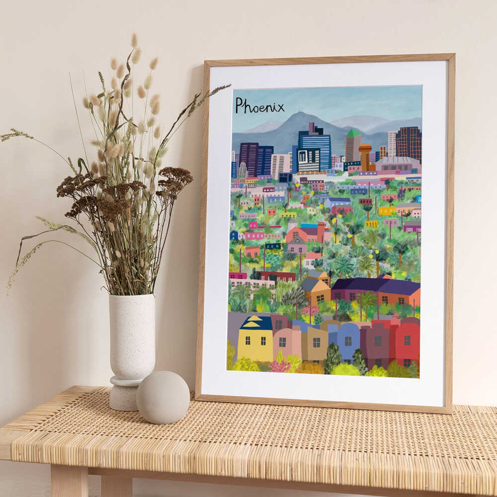View Over Phoenix Arizona Illustrated by Artist Carla daly - Art Print by Carla Daly Travel Poster