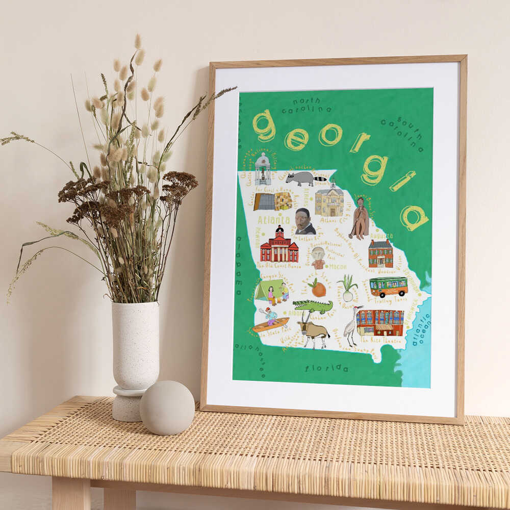 Illustrated Map of Georgia State by Artist Carla Daly - Art Print by Carla Daly Travel Poster