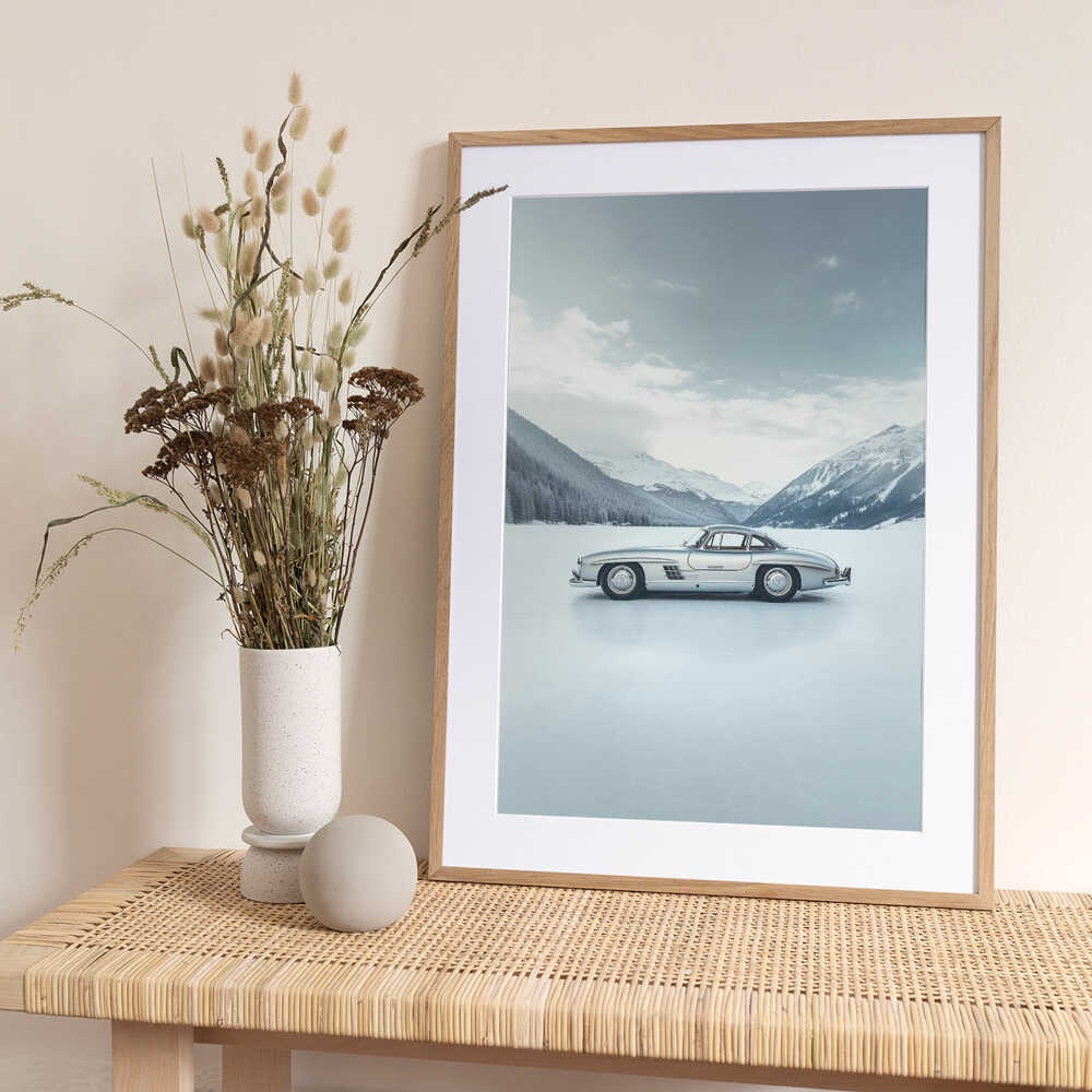 Retro Silver Car On Froozen Lake Side - Art Print by Pictufy Studio