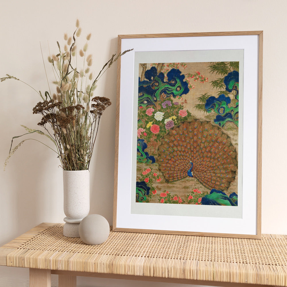 Chinese Peacock and Flowers (17th Century) - Art Print by Vintage Japanese
