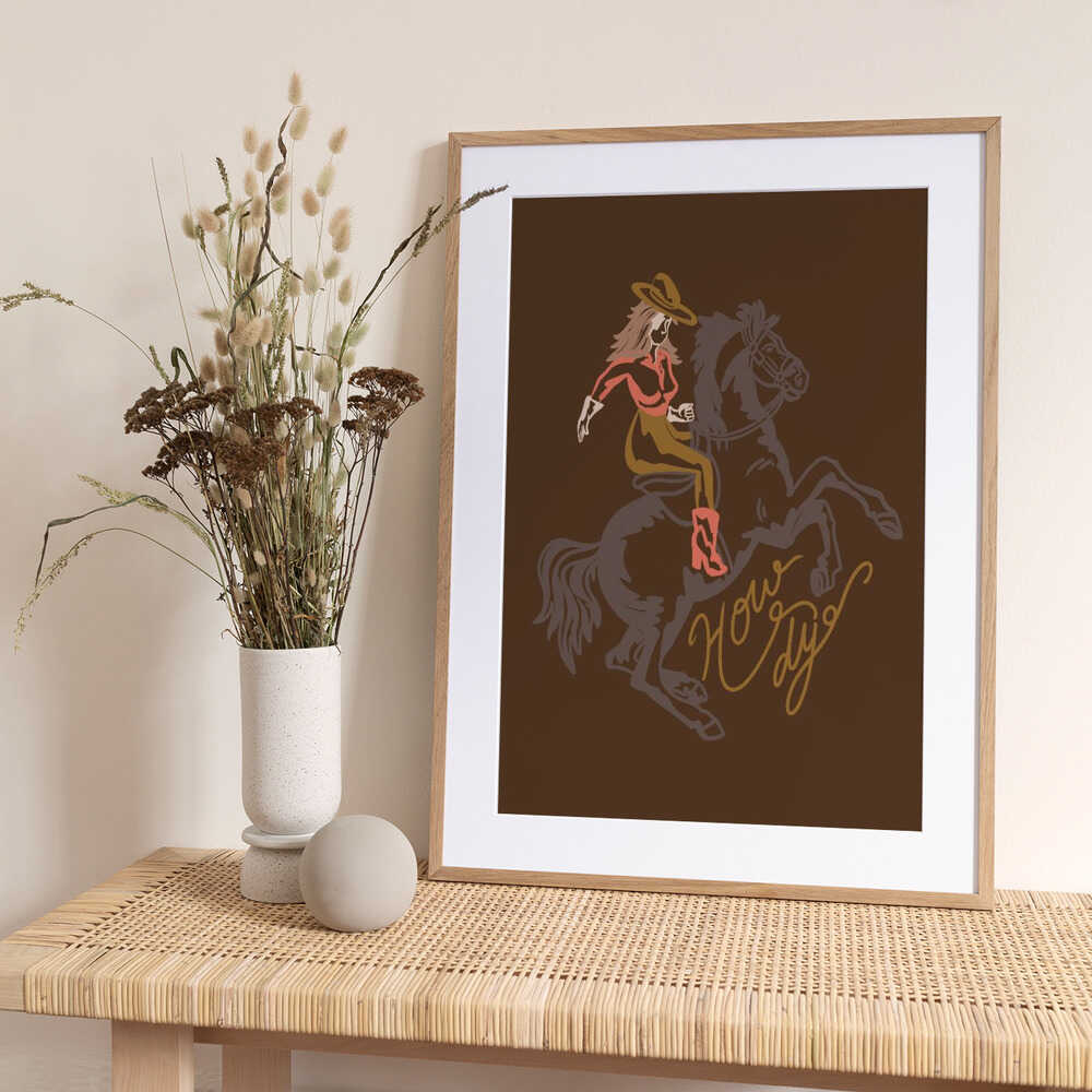 Cowgirl Riding A Rearing Horse - Art Print by Nikita Jariwala