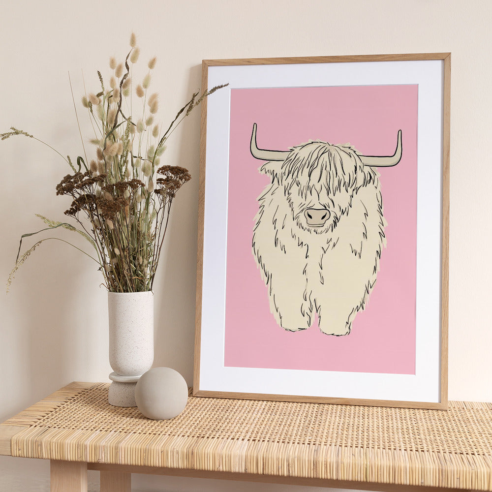 Highland Cow on pink - Art Print by Bainai