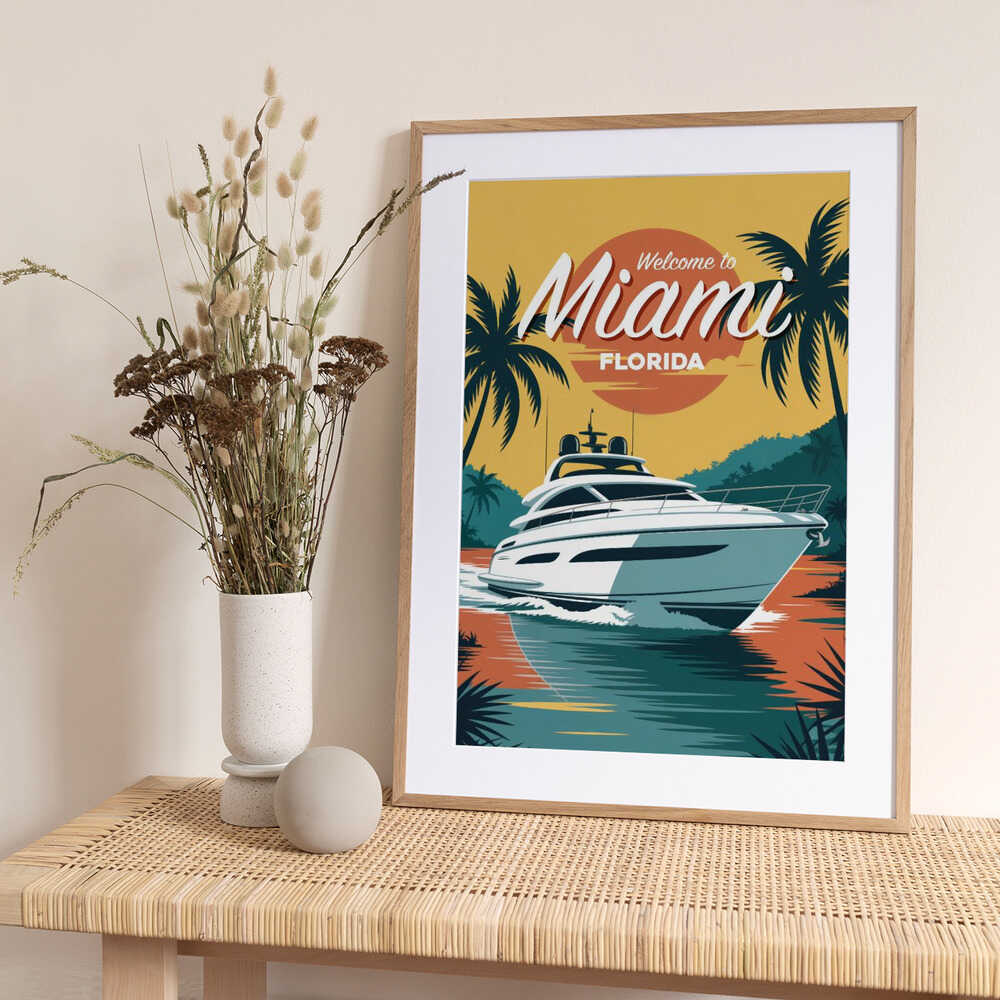 Yacht on Miami Waves - Art Print by Andreas Magnusson Travel Poster