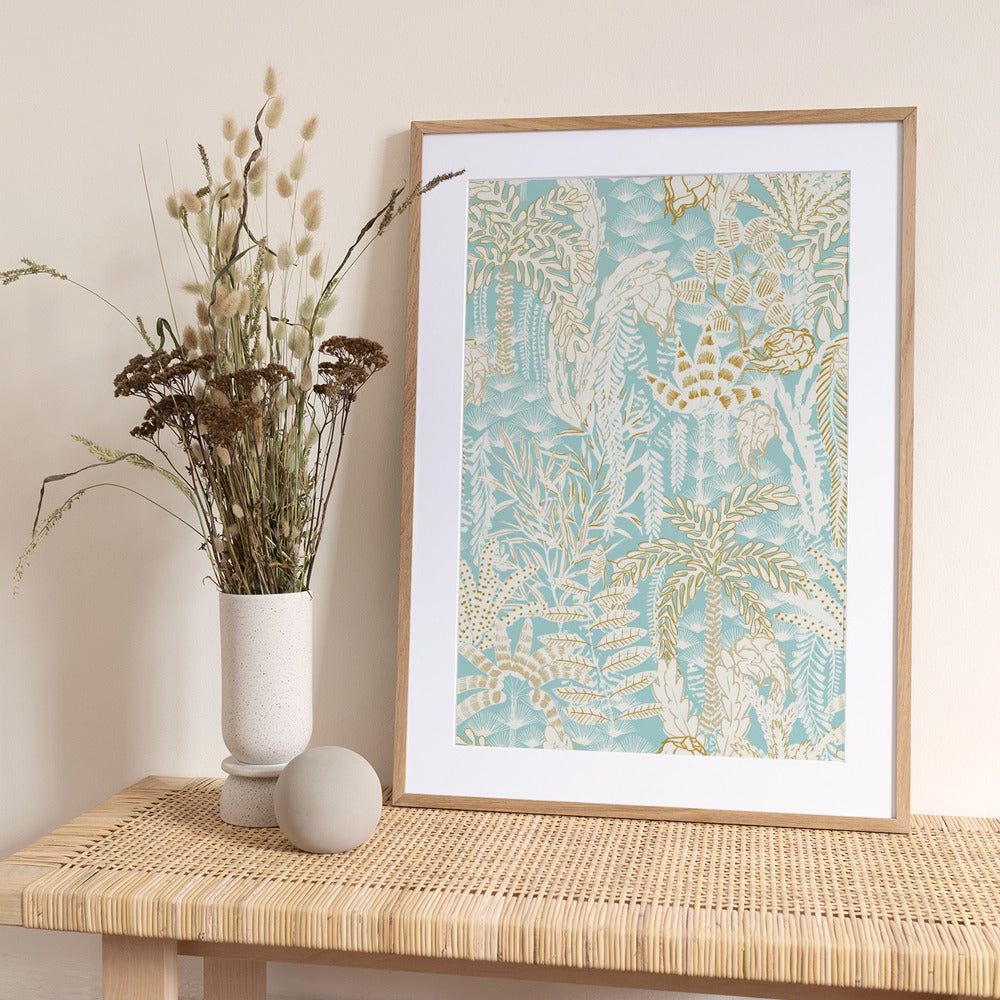 tropical lounge warm white and aqua pattern - Art Print by Annick