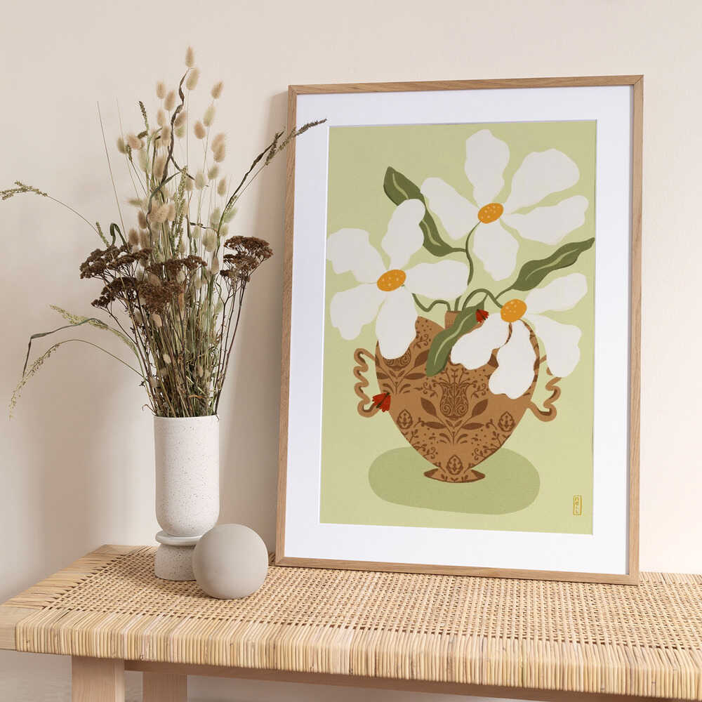 White flowers in a Greek Vase Illustration - Art Print by Dirkie Nell