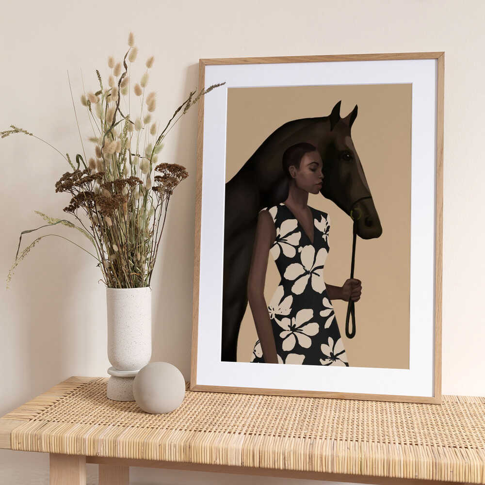 Woman In Bold Print With Black Horse - Art Print by Nadjaa