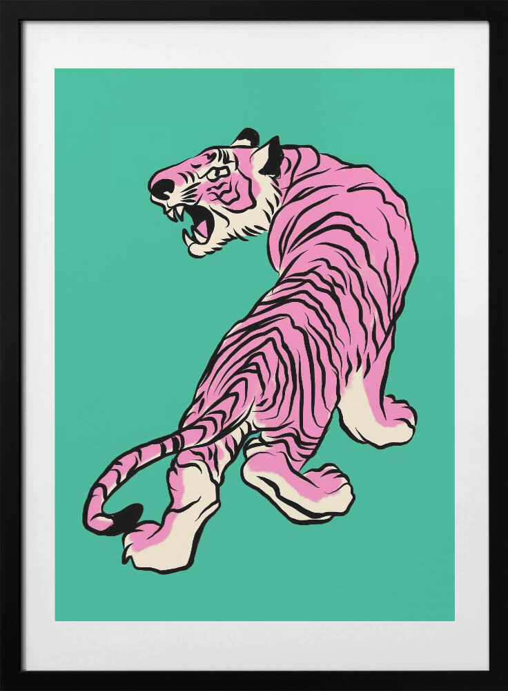 Pink Tiger Against A Teal Background - Art Print by Little Dean